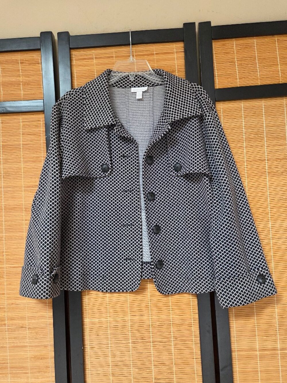 Charter Club XL Button Front Swing Jacket Textured Black White Cotton Blend Chic